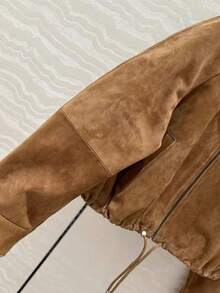 Elegant Women's Short Faux Suede Jacket, Zipper Closure, Long Sleeve, Pockets, Perfect Casual Outerwear - Coffee Brown - View 6