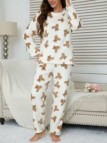 2pcs Women's Winter Pajama Set, Flannel Warm Fluffy Pajamas With Cute Bear Pattern, Minimalist & Fashionable Sleepwear, Fall Clothes