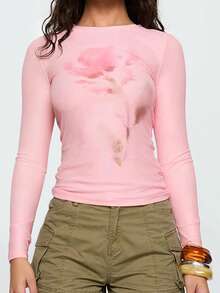 Women's Spring Fall Floral Tops Long Sleeve Round Neck Slim Fit Blouse For Party - Pink - View 4