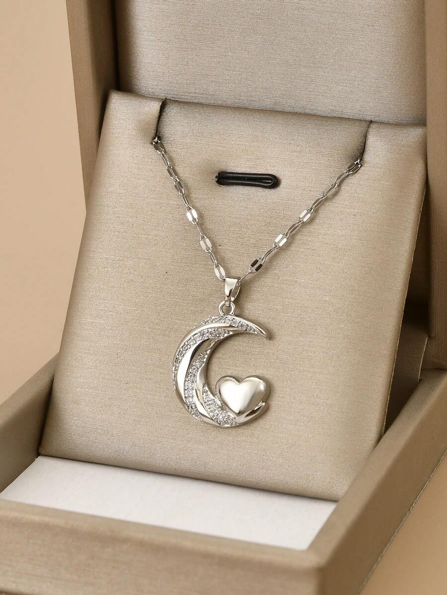 1 件时尚粉色方晶锆石星星和月亮不锈钢女士项链，银饰，不锈钢首饰，银项链，礼物 - 銀色 - 查看 1