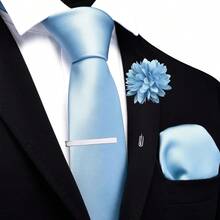 Solid Formal Tie And Pocket Square Plain Necktie Lapel Pin And Set For Men - 淺藍色 - 查看 2