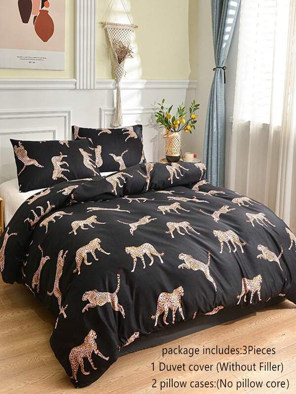 3 Piecesleopard Print Down Duvet Set (1 * Duvet Cover+2 * Pillowcase) Without Padding, Chic Style Bedding, Comfortable, Soft And Breathable Duvet Cover, More Suitable For Sleep, Suitable For Bedroom Decoration, Room Decoration, Back To School, Hotel Rooms, Single Bed, Double Bed, Queen Bed Use, Machine Washable, Suitable For All Seasons, Ideal Gift