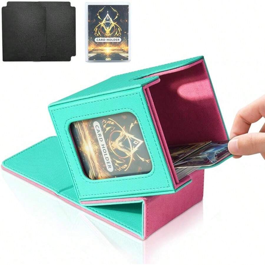 Magnetic Card Deck Box For TCG Storage, Holds 100 Double-Sleeved Cards - Green & Pink - View 1