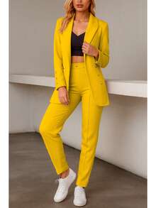 Elegante conjunto de traje liso de manga larga con cuello chal y doble botón para mujer, con bolsillos, para oficina y trabajo. - Amarillo - Ver 3