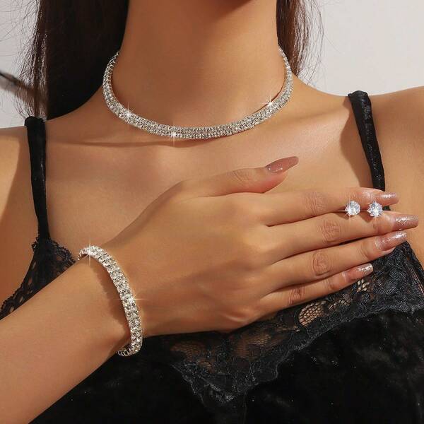 4pcs Luxury Rhinestone Jewelry Set - Necklace, Earrings, Bracelet, Elegant Bridal Party Fashion Accessories