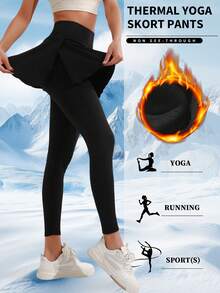 High-Rise Warm Yoga Leggings. Fleece-Lined And Warm. Casual Daily Yoga.   Specifically For Active Women, These High-Waisted Fleece-Lined Yoga Skort Pants Feature A Hidden Pocket For Daily Essentials. They Are Yoga Practice, Running, And Everyday Wear. - 黑色 - 查看 6