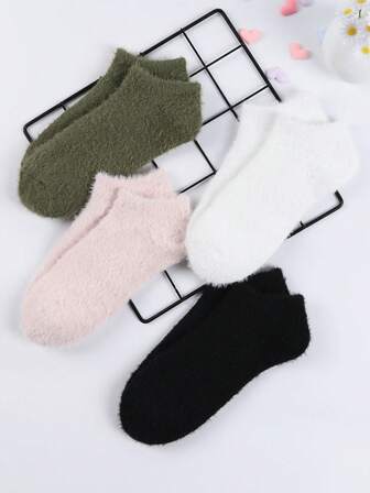 1 Paar mehrfarbige Faux-Kaschmir Damen Kurzsocken, warme thermisch gefütterte Hausschuhe, minimalistische rutschfeste Bootsocken, essentielle Sneakersocken für den täglichen Gebrauch, Herbst/Winter