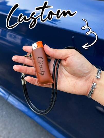 Personalized Engraved Lighter Case With Lanyard, Custom Keychain, Retro Faux Leather Keychain, Fits BIC J5 Full Size Lighters, Fashion Necklace Set, Gift For Him, Gift For Boyfriend Or Husband