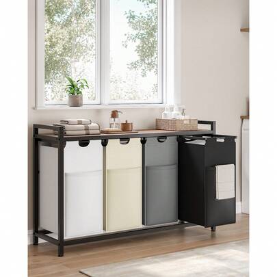 GIKPAL Laundry Basket, 156L Large Double, Freestanding Laundry Hamper 4 Section With Top Shelf & 4 Removable Washable Bags & Side Pockets For Dorm