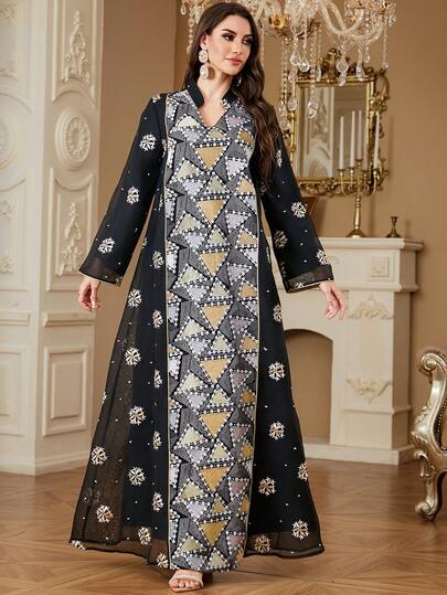 1pc Geometric Pattern Woven Fabric Embroidered Dress, Elegant For Holidays, Weddings, Vacations, Birthdays, Parties, Formal Occasions, All Seasons