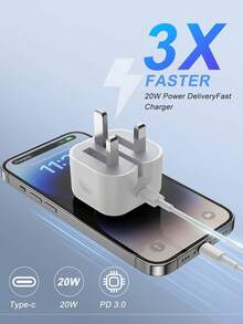 20W PD 快速充电壁式适配器 + 3.3 英尺/100 厘米高效数据传输快速充电线，兼容 14 Pro Max/14 Pro/14 Plus/14/13/12/11/XS/XR/8/7/6、iPad 系列 - 英規插(220-240V) - 查看 5