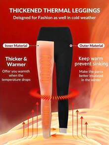 女士保暖内衬紧身裤，纯色高腰保暖修身裤，保暖防起球，适合瑜伽、健身、跑步，长款针织面料，涤纶和氨纶混纺，运动休闲风格，节日礼物，冬季必备 - 黑色 - 查看 5