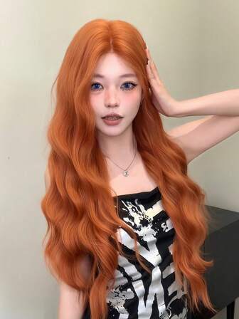 alicegarden Peluca larga y ondulada con encaje en la frente, peluca con división central, color naranja sucio, 28 y media pies de largo, tejida a diario, natural, suave y realista (sin accesorios)