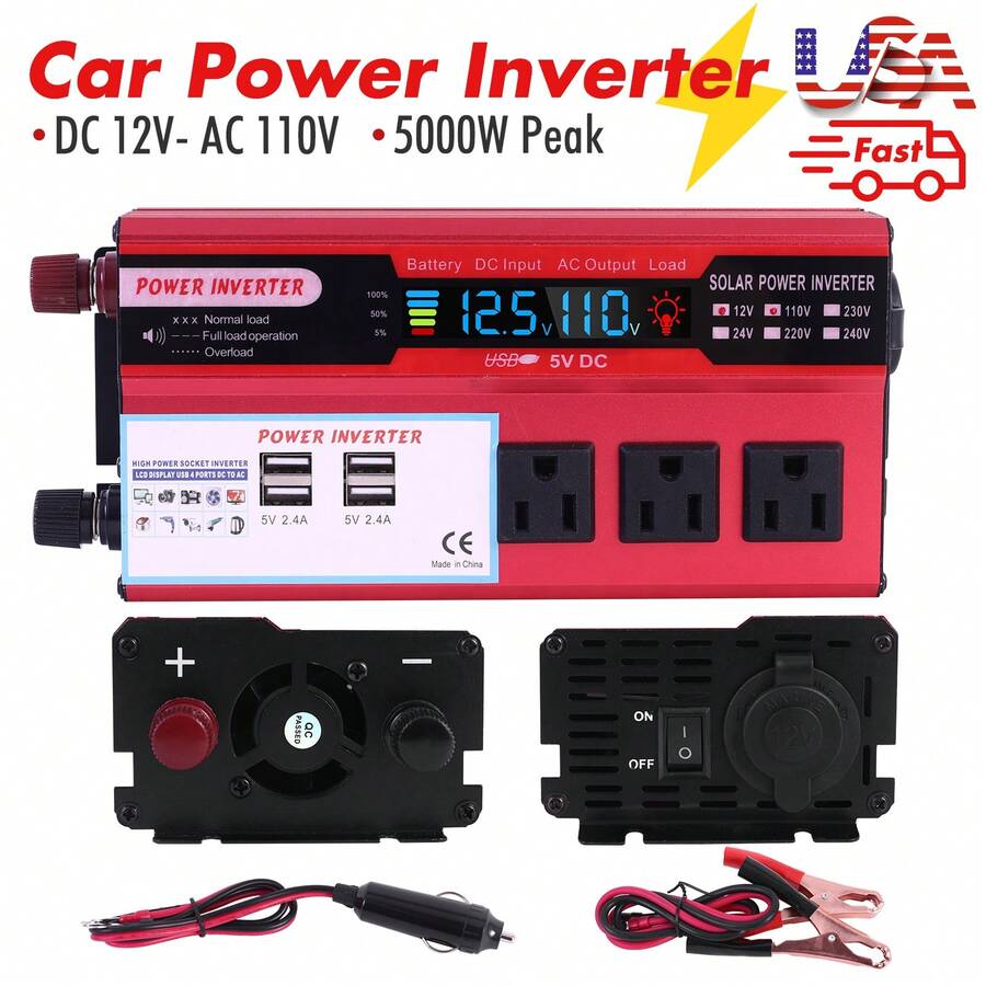 Pure Sine Power Inverter 16000W 6000W 5000W DC 12V To AC 110V Converter Digital 5000W/6000W Car Power Inverter DC 12V To AC 110V Pure Sine Wave Solar Converter LCD - Burgundy - View 1