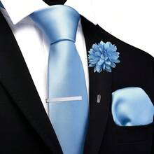 Solid Formal Tie And Pocket Square Plain Necktie Lapel Pin And Set For Men - E-Ánh sáng xanh - Xem 2