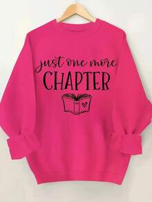 2025[Bright Pink Book Lover Sweatshirt] Soft Stretch Polyester Bright Pink "Just ONE MORE CHAPTER" Book Lover Graphic Crew Neck Sweatshirt| Casual Regular Length Pullover For Women, Autumn/Winter Casual Attire, Cozy Autumn Apparel, Playful Print, Durable FabricSoft And Breathable - 玫紅色 - 查看 6