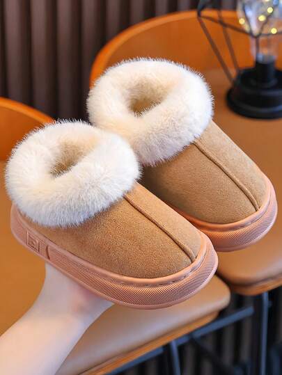 儿童一脚蹬拖鞋，2025秋冬新款，幼儿/小童/大童，室内/室外，毛茸茸，拼布，简约，软底，舒适