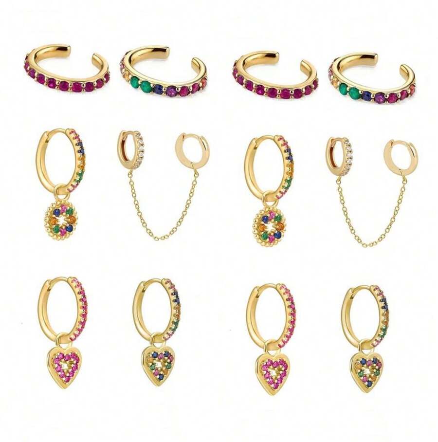 6pcs High Quality Colorful Cubic Zirconia Heart Dangle Earrings For Women - Ouro * 2 - View 1
