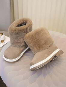女童时尚可爱高筒人造毛皮雪地靴，柔软舒适保暖 - 卡其色 - 查看 2