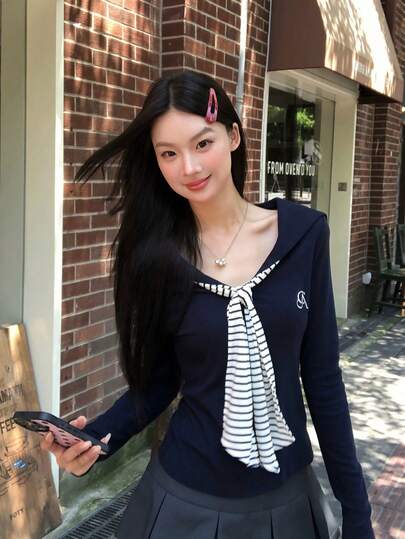 海军蓝领拼接休闲条纹长袖刺绣修身女式衬衫，适合秋季情人节和春季穿着。