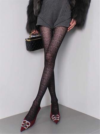 1pc Black Leopard Jacquard Pantyhose, Fashionable Thin Tights For Women, Versatile & Slimming, Autumn/Winter 2025 New Arrival