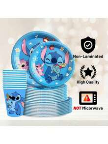 Disney 50pcs/Stitch Disposable Tableware Set Includes 10 Dinner Plates 10 Dessert Plates 10 Paper Cups And 20 Paper Towels, Suitable For Camping, Patio Barbecue, Party Supplies Set, Can Be Used By 10 People, Very Suitable For Halloween, Christmas - Multicolor - View 3
