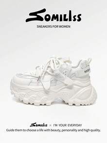 somiliss 女士厚底时尚厚底运动鞋，正面系带，舒适网面运动休闲鞋，适合日常穿着和通勤，7厘米高跟，2026夏季新款跑步鞋，白色 - 白色 - 查看 2