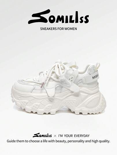 somiliss 7cm Platform Lace-Up Casual Sneakers For Women, Soft Sole Comfortable Sporty Shoes, Faux Leather & Fabric, Fashion Versatile Daily Wear High Heels, White, All Season