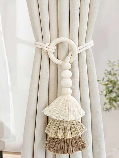 1pc/2pcs Bohemian Style Handmade Woven Tassel Decor Tie-On Rope, Curtain Ornament, Cream Color Sheer