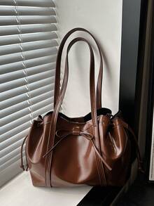 1 件棕色复古简约纯色 PU 手提包，大容量女士单肩包，秋冬 - 棕色 - 查看 7