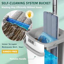 1 Set, Comes With 6 Replaceable Microfiber Pads, Household Mop And Bucket Set, Hands-Free Mop, Flexible Rotating Flat Mop, Wet And Dry Cleaning, Bucket Scraping, Easy Cleaning, Cleaning Supplies, Cleaning Tools - 白灰 - 查看 5