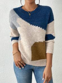 Plus Size Women Crew Neck Long Sleeve Asymmetric Pattern Patchwork Minimalist Sweater, Suitable For Casual Daily Wear (Suitable For Back To School Season)