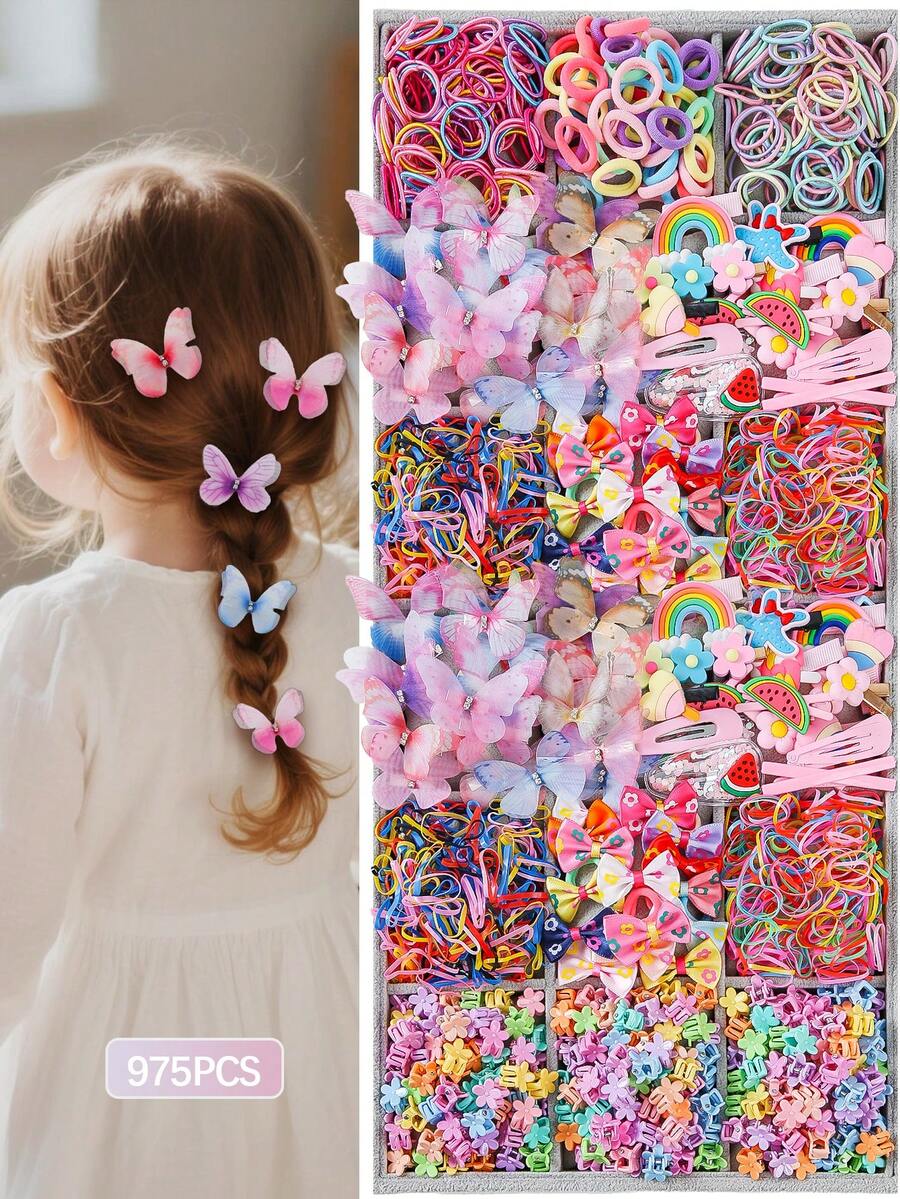 975件/套 女孩及青少年基础彩色发饰套装，包括发圈、发夹、发卡、发卡，适合日常使用和送礼。 - 彩色 - 查看 1