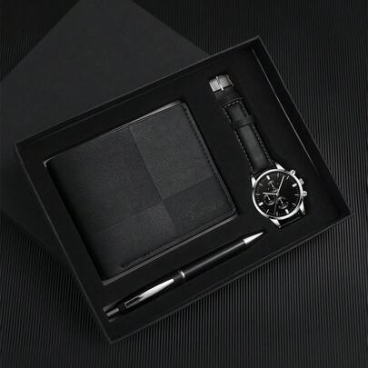 Gift Box Set, New Year Gift, Wedding Gift, Birthday Gift, Christmas Gift, Gift For Lover, Father, Teacher, Company Annual Meeting, Employee, Business Men's Classic Fashion Quartz Watch + Wallet + Gift Box