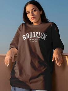Men's Oversized T-Shirt BROOKLYN Print Unisex Crew Neck Streetwear Cotton Urban Style Casual Training Black  And Brown Printed - 鏽棕色 - 查看 3