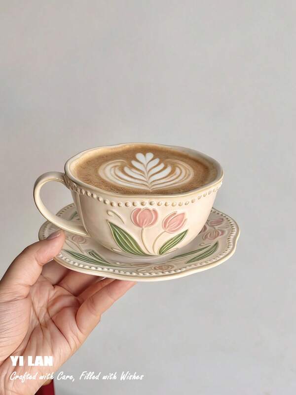 300ml Vintage Distressed Embossed Tulip Coffee Cup & Saucer Set, Reactive Glaze Floral Ceramic Cup For Afternoon Tea, Breakfast Cup, Milk Cup, Latte Art Cup, Gift