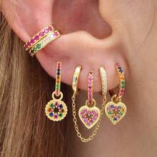 6pcs High Quality Colorful Cubic Zirconia Heart Dangle Earrings For Women - Prata+Ouro - Xem 2