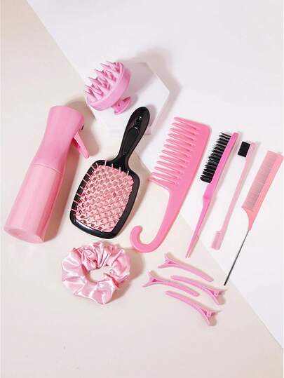 12件套/4-12件套美发造型工具套装 - 男女通用沙龙级美发护理产品，包含梳子套装、侧梳、倒梳、直发梳、头皮按摩器、发刷、宽齿梳、尖尾梳、发际线造型梳、喷雾瓶 - 耐用、便携，适合所有发质，返校季美发配件（黑色/粉色/紫色）