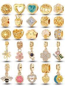 25 Pc Christmas Golden Charm Beaded Series Love Flower Four Leaf Clover Butterfly Bee Sun Love Dragonfly Beaded Pendant Accessories For Women DIY Bracelet And Necklace Fine Jewelry Making Gift Holiday Series Valentines - Multicolor - View 14