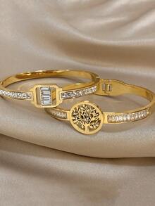 18K Gold Plated Stainless Steel Luxury Elegant Square & Tree Of Life Openwork Bangle Bracelet Set For Women, Mom Gift Christmas Thanksgiving Halloween Wedding Rave/Prom/Party/Daily Accessories Gift For Anniversary Valentine's Day Boho Jewelry Birthday Bridesmaid Gifts