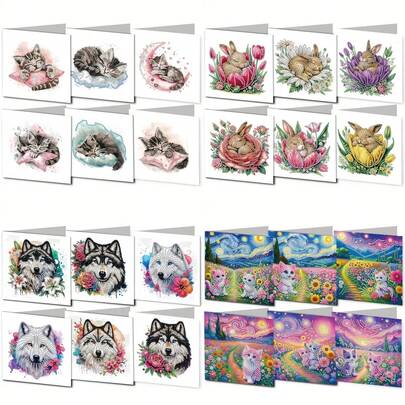 6pcs/Set DIY Cute Cat, Rabbit, Wolf And Flower Pattern Diamond Painting DIY Mosaic Asymmetrical Diamond Crystal Greeting Card Kit - Express Unspeakable Love And Affection, Write Romantic Messages