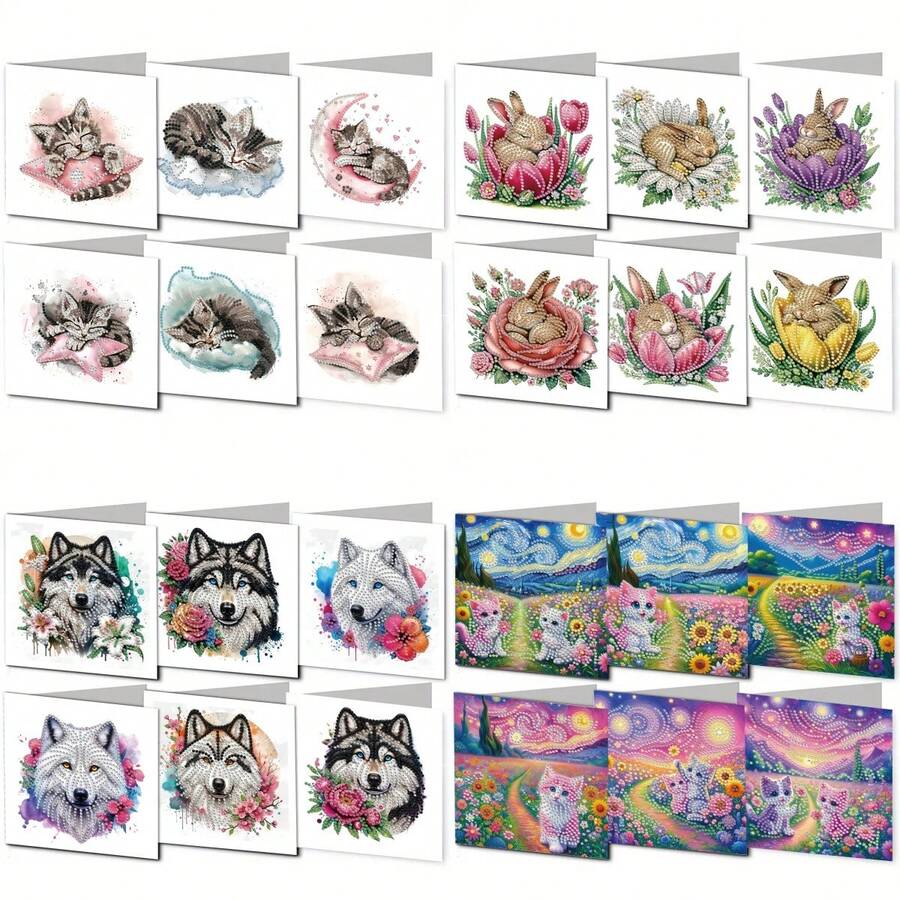 6pcs/Set DIY Cute Cat, Rabbit, Wolf And Flower Pattern Diamond Painting DIY Mosaic Asymmetrical Diamond Crystal Greeting Card Kit - Express Unspeakable Love And Affection, Write Romantic Messages