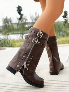 Women's Mid-Calf Boots, Square Toe Chunky Heel Riding Boots, Minimalist Belt Buckle Zipper Decor Fashion Boots
