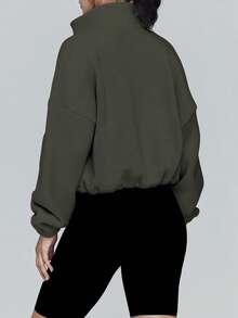 Women's Autumn/Winter Fleece Collar Short Jacket With Zipper And Drawstring - Olive Green - View 3