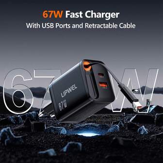 67W European Standard Fast Charger, 65cm Cable Length With Cable Charger, USB C & USB A Charger, GaN Three-In-One Fast Charger, Compatible With Various Models Of Mobile Phones, Tablets And Computer Notebooks, Small And Convenient, Equipped With Charging Cable, Suitable For Business Trips, Home Office.