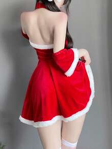 4件套圣诞性感圣诞老人服装套装，方领喇叭A字迷你连衣裙，带人造毛皮饰边 - 紅色 - 查看 3