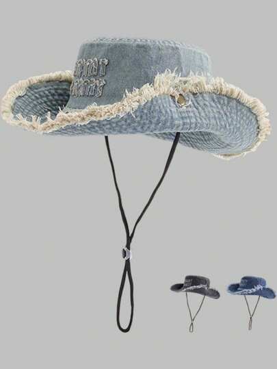 DareSee 1pc Vintage Washed Frayed Edge Embroidered English Letter Drawstring Bucket Hat, Suitable For Couples, Outdoor Sports, Traveling And Daily Use Music Fest Y2KFest Back To School Autumn Winter Gifts