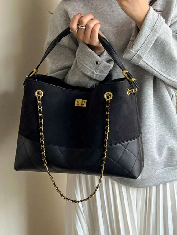حقيبة يد سوداء كبيرة السعة بتصميم معقود للنساء، حقيبة كتف سلسلة دلو قابلة للقفل، حقيبة كروس مناسبة للخروج موديل 2025