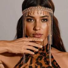 Exotic Luxury Rhinestone Long Tassel Hair Chain Headpiece, High-End Elastic Rhinestone Headband For Women - Multicolor - View 5