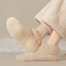 2 双舒适女士毛绒拖鞋 - 纯色涤纶针织面料，毛边，防滑羊羔绒保暖袜，适合冬季睡衣 - 彩色 - 查看 4